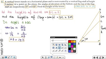 A vertical tower stands on a horizontal plane and is surmounted by a vertical flag-staff of height 5