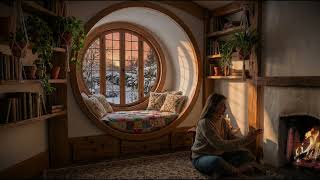 Winter Fairytale Ambience | Round Window, Falling Snow, Fireplace & Soft Piano (4K) screenshot 5