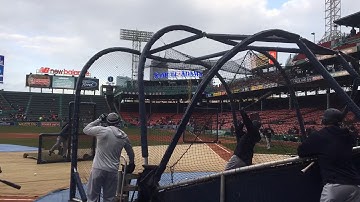 Giancarlo Stanton, Aaron Judge of the Yankees take batting practice at Fenway Park