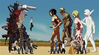 Chainsawman Devil, Gun Devil Team Vs Eren Titan, Warhammer Titan, Female Titan, Jaw, Horror Team