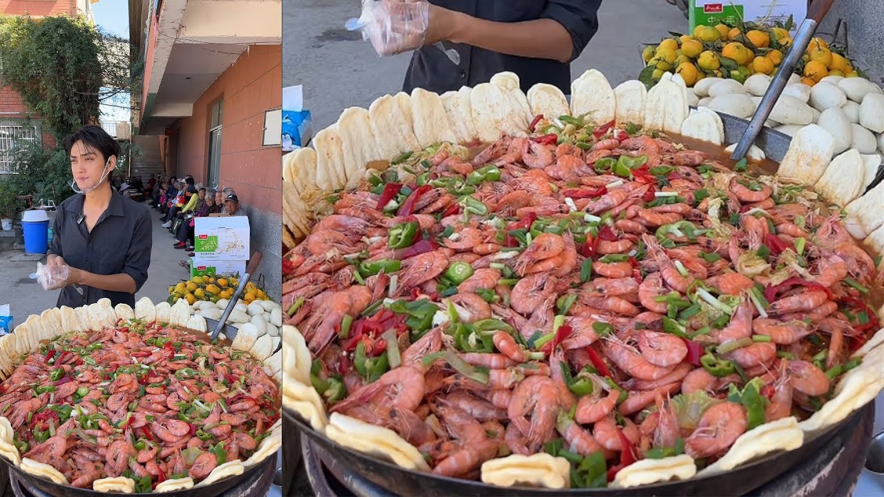 A Handsome Chinese Guy Cook Free Meals / Shrimps Noodles Food for the old on the Street in a Village