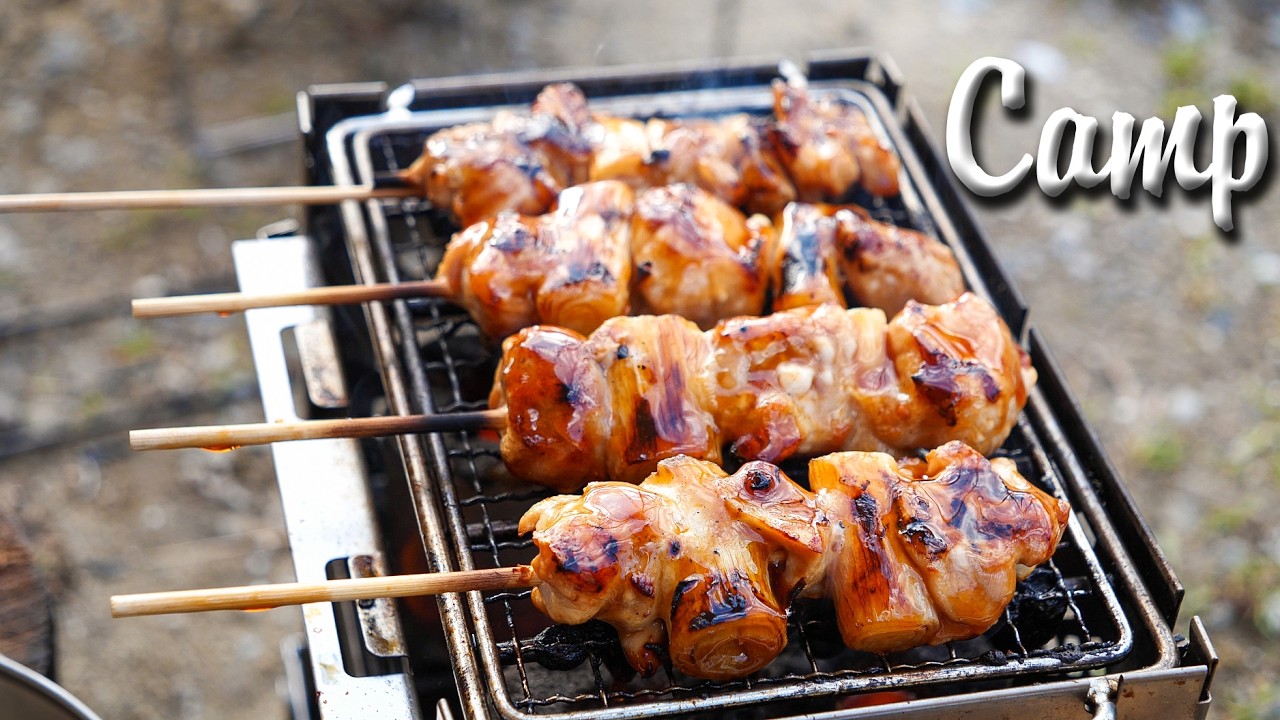 炭火で焼き鳥とから揚げで花見キャンプ