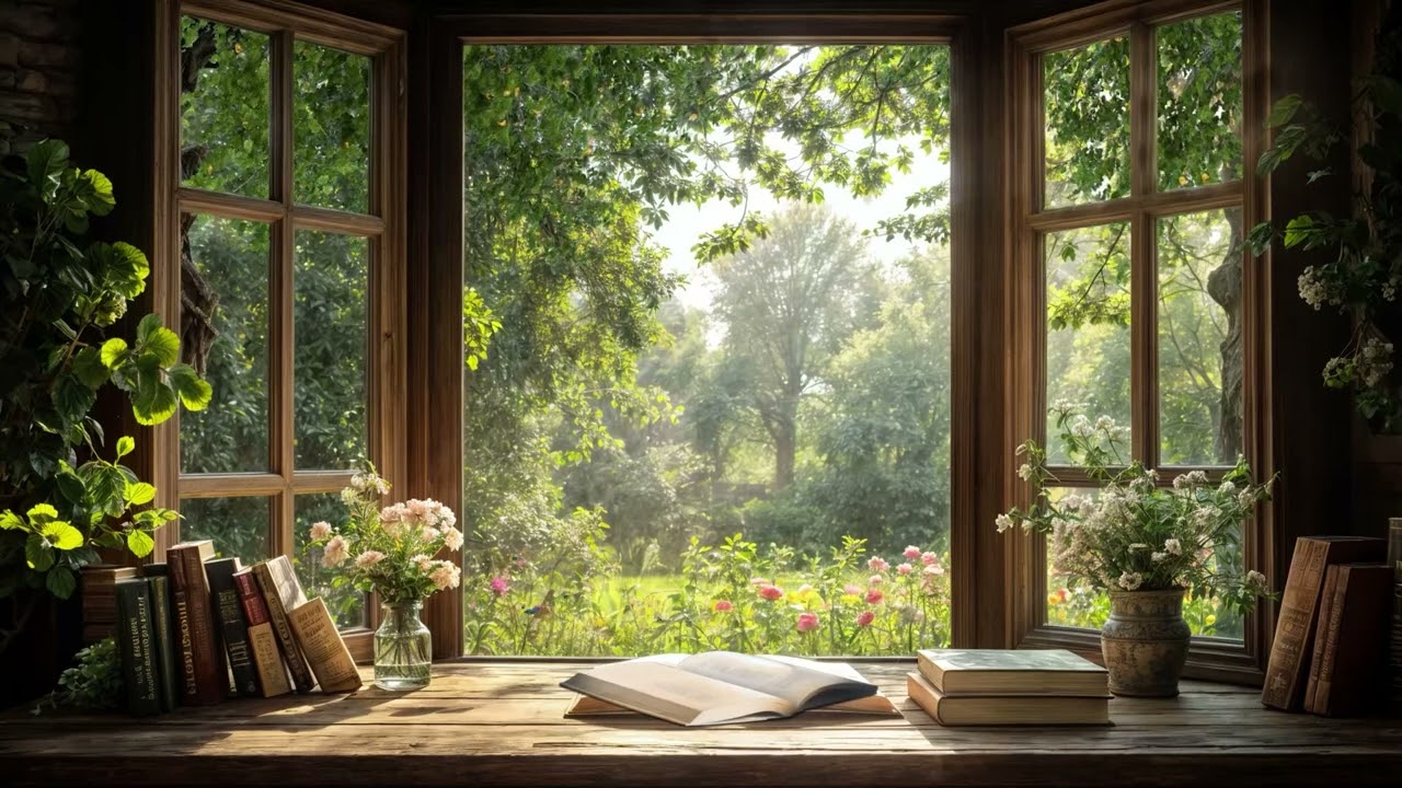 📖🌿Cozy Library Nook with Garden Views | Gentle Breezes, Wind Chimes & Nature's Calm🪟🎐