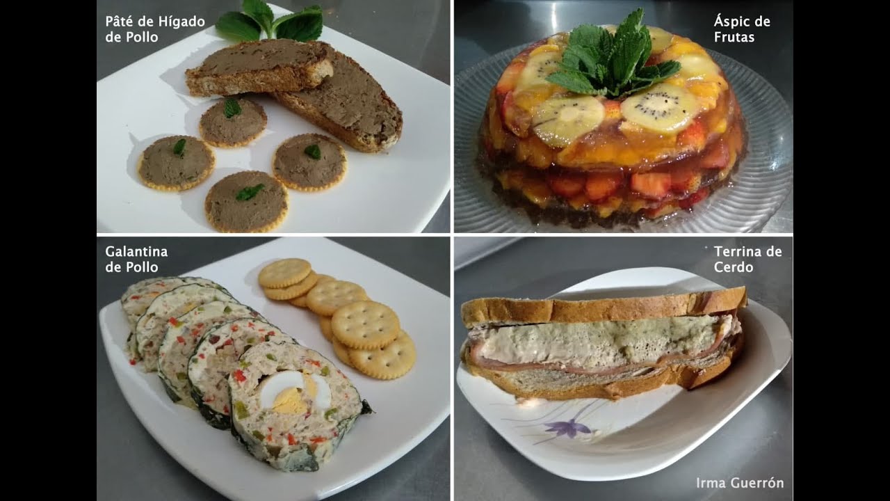 4 recetas, Terrina de Cerdo, Áspic de Frutas, Pâté de Hígado de Pollo y