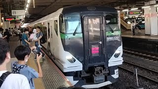 E257系5500番台OM-51編成が臨時特急谷川岳山開き号上野行きとして大宮駅6番線に入線到着から発車のフルシーン