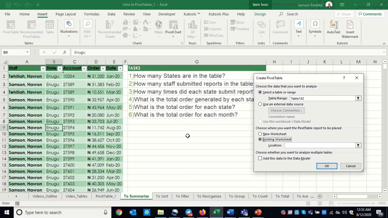 Havron eLearning Excel_Summarizing Data using Pivot Table - YouTube