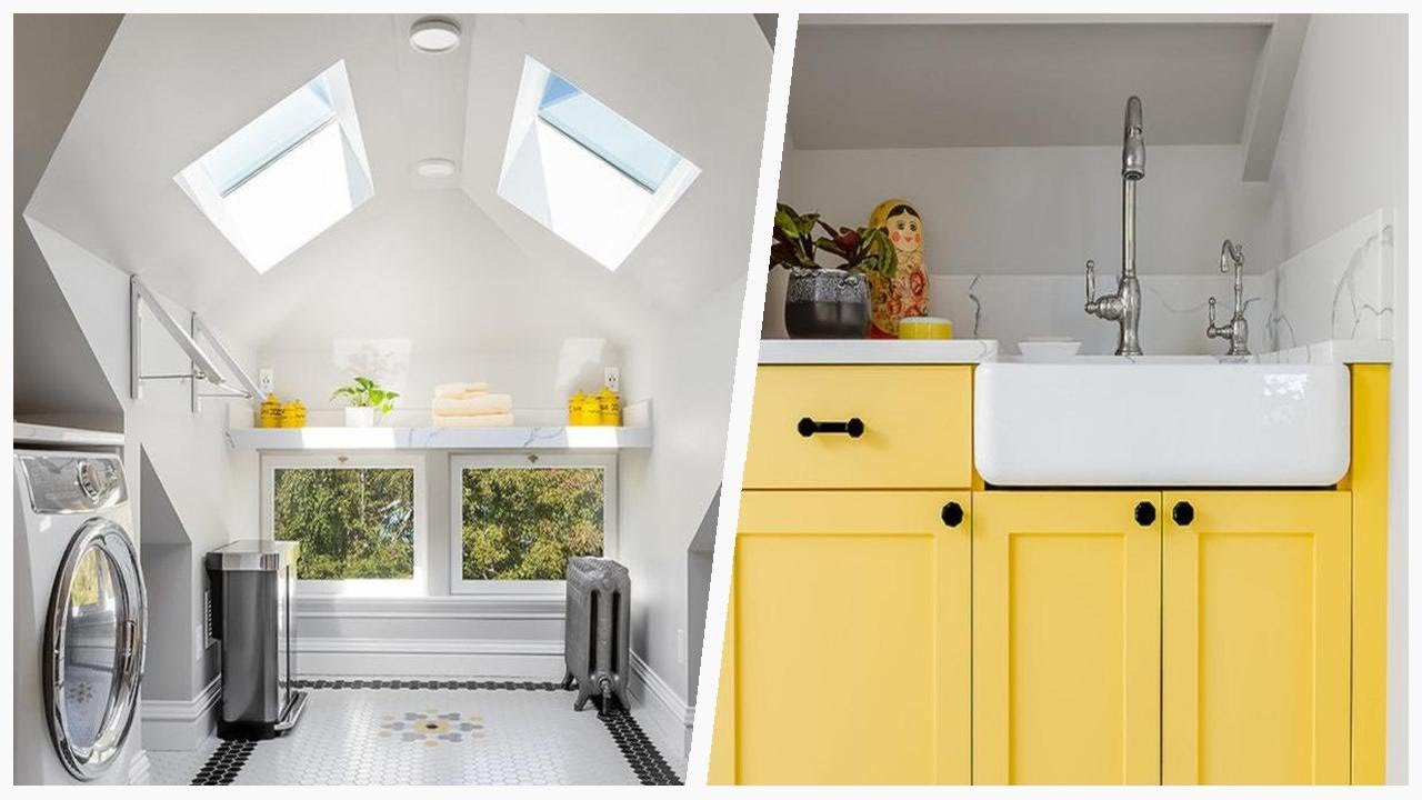 75 Yellow Laundry Room With Shaker Cabinets Design ...