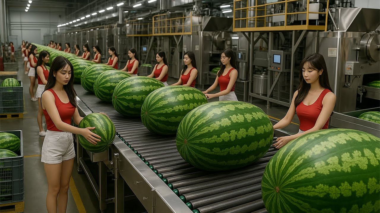 Inside a Watermelon Cutting Line: From Whole Melons to Perfect Cubes & Slices (Full Process)