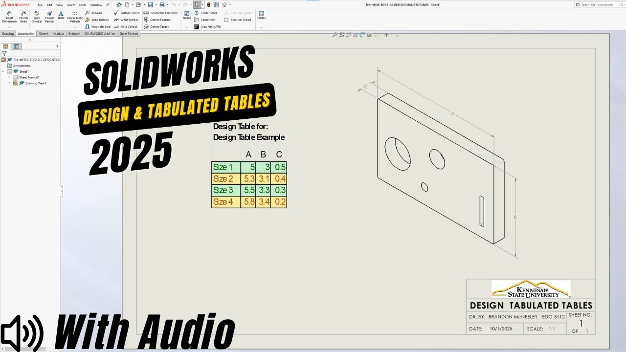 Lesson 10-12: Design Tables and Tabulated Tables | SolidWorks 2025 Intermediate Book | With Audio