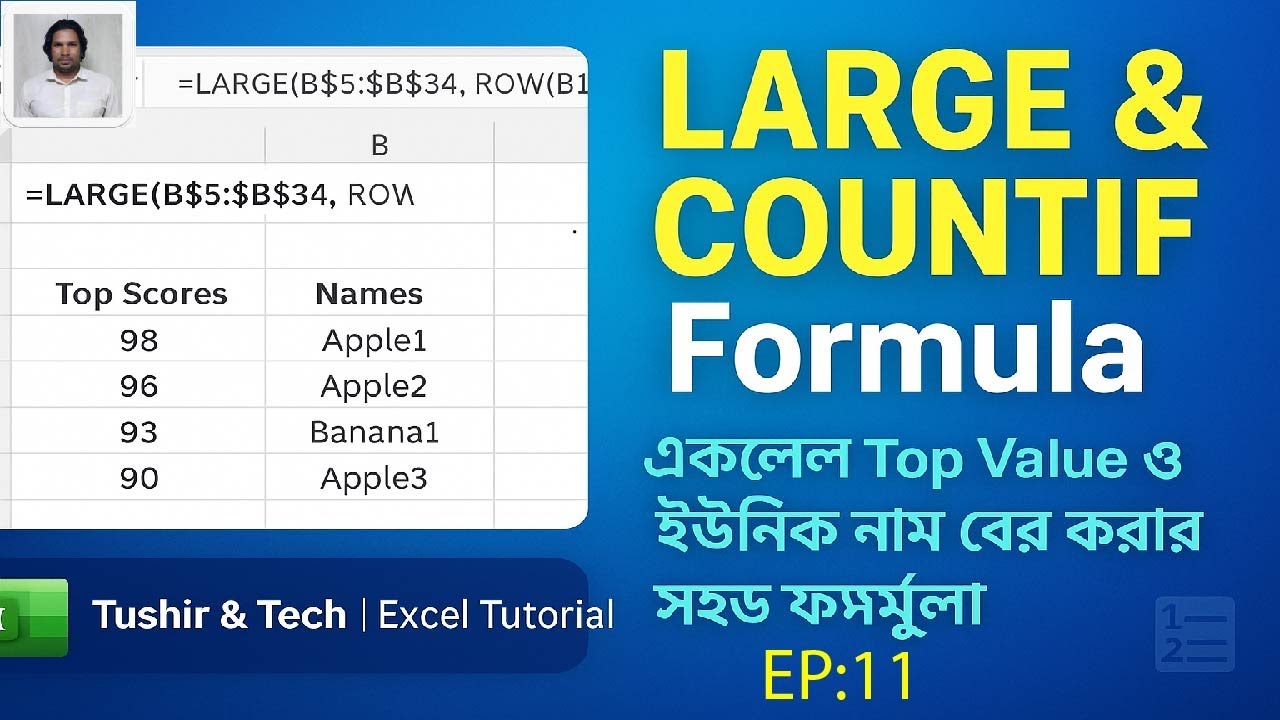 Excel Dashboard–Excel Formula Trick | LARGE & COUNTIF দিয়ে Unique Rank & Top Value বের করুন। EP:11
