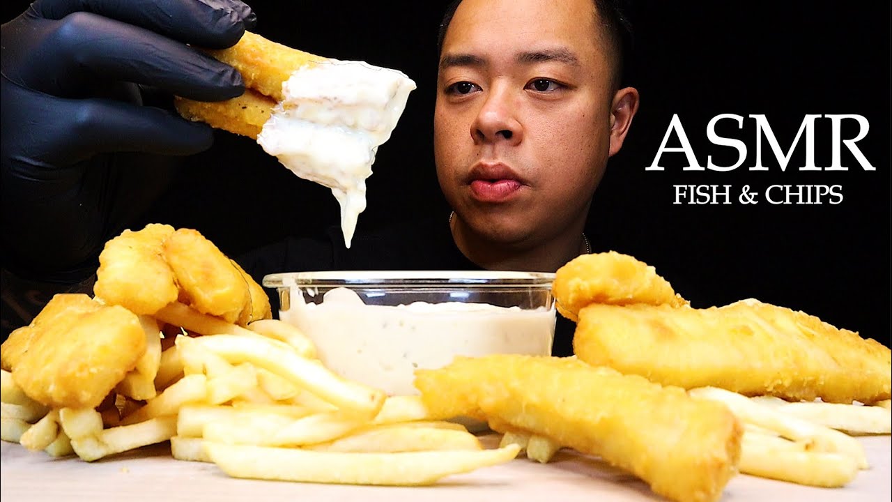 ASMR FISH AND CHIPS WITH EXTRA TARTAR SAUCE **SATISFYING CRUNCHY SOUNDS** ASMR_CRAVINGS