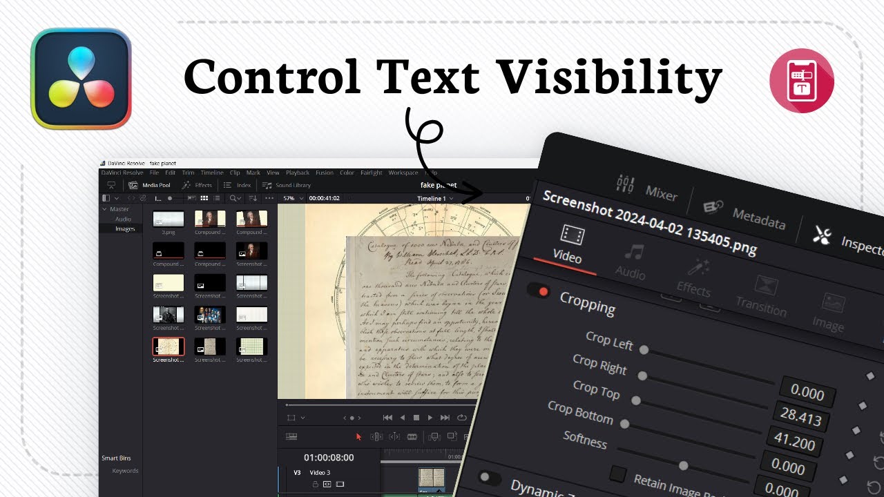 Как изменить непрозрачность текста в Davinci Resolve