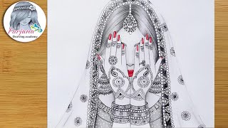 How to Draw a Traditional Bride - Easy Pencil Sketch Tutorial  || Mandala art of an Indian bride