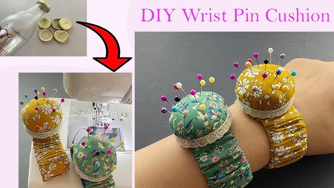 1pc Handmade Diy Wrist Pin Cushion With Detachable Beaded Ball & Needle  Storage Pouch, Check Pattern