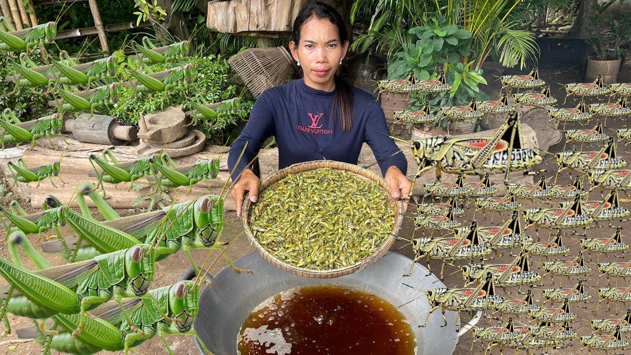 All about grasshopper cooking! Fry grasshoppers in my village - YouTube