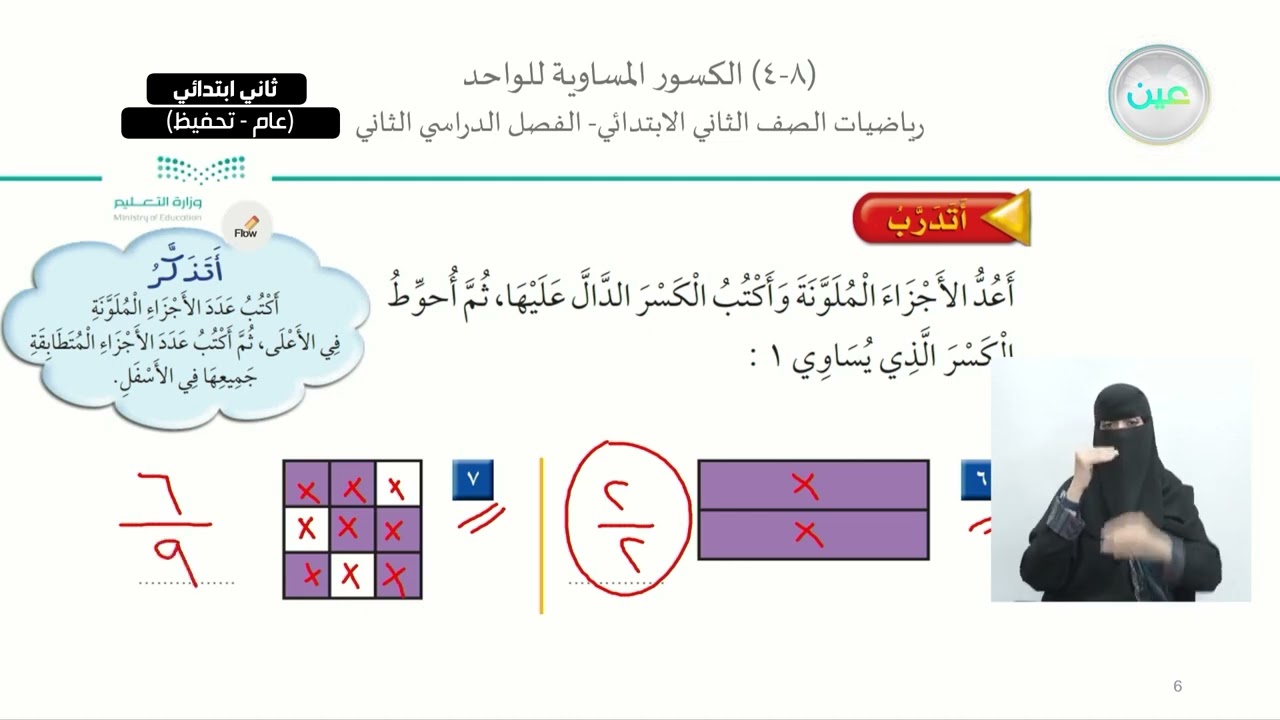 الكسور المساوية للواحد - الرياضيات - ثاني ابتدائي