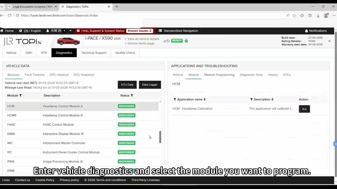 Programming headlight modules using the RLink device with TOPIX