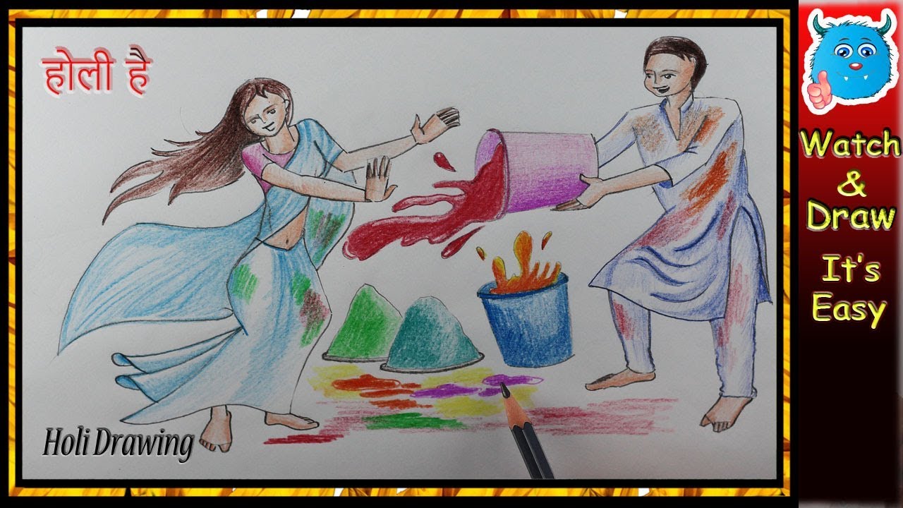 Happy Holi Drawing Scene | learn to draw romantic couple playing ...