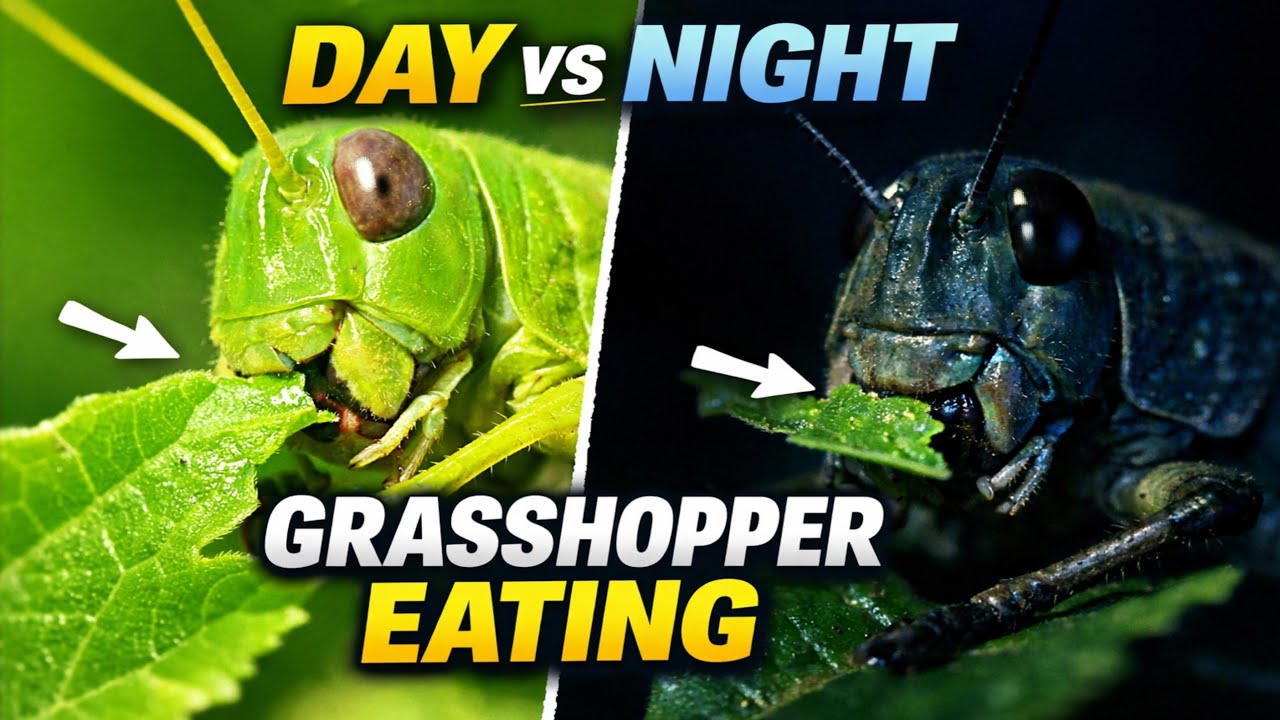 Grasshopper Eating Leaves | Day & Night Feeding Behavior in Nature.