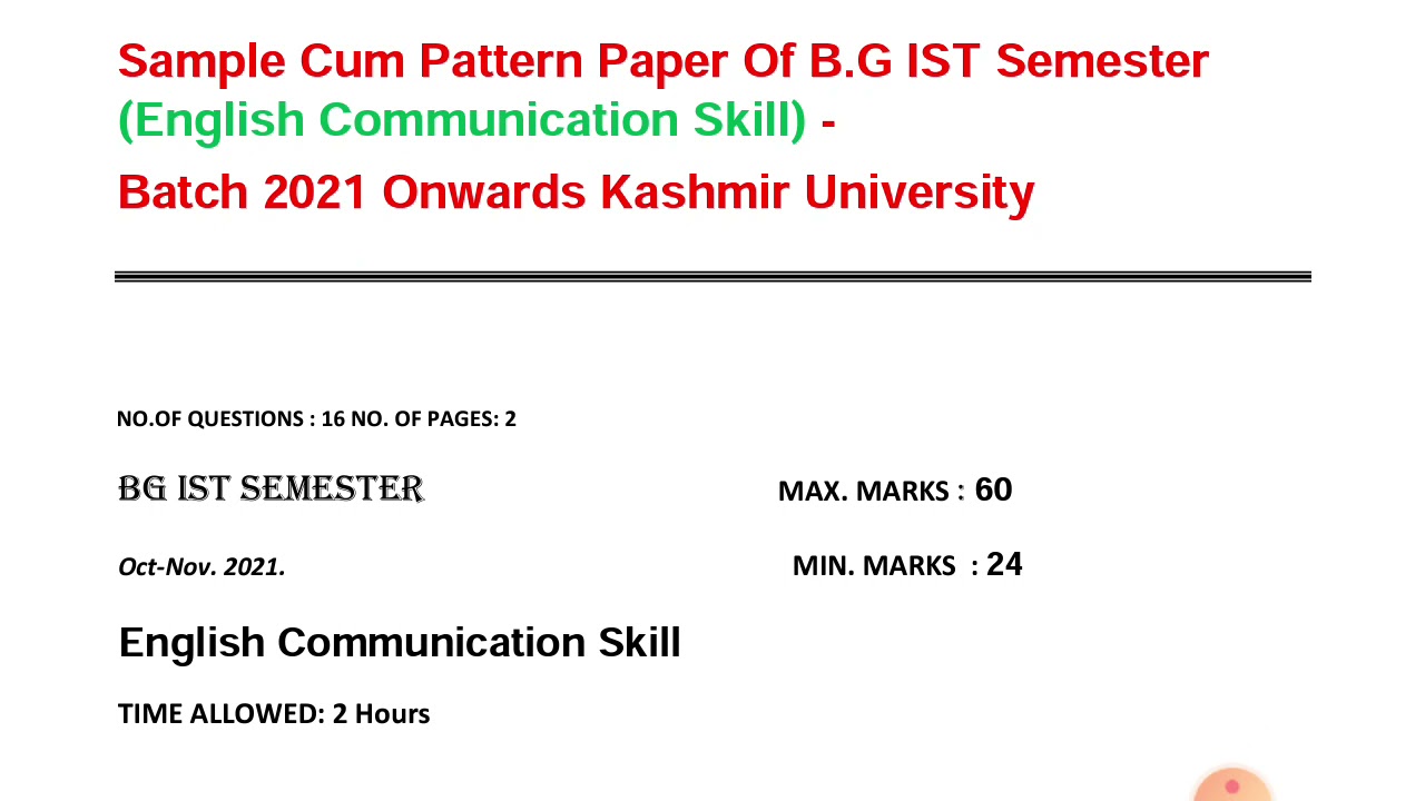 Communication English Pattern Cum Guess Paper B G Ist Sem Batch 21 Onwards Kashmir University Youtube