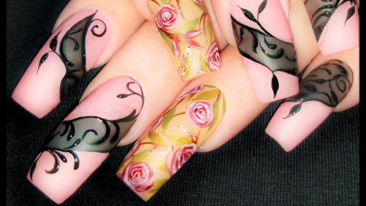 Ногти в стиле романтической дивы | Урок дизайна ногтей с розовыми розами и кружевом