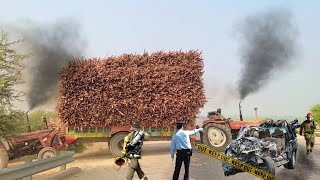 many tractors pulling heavy loaded sugarcane trolley | alghazi tractor and mf 385 tractor power