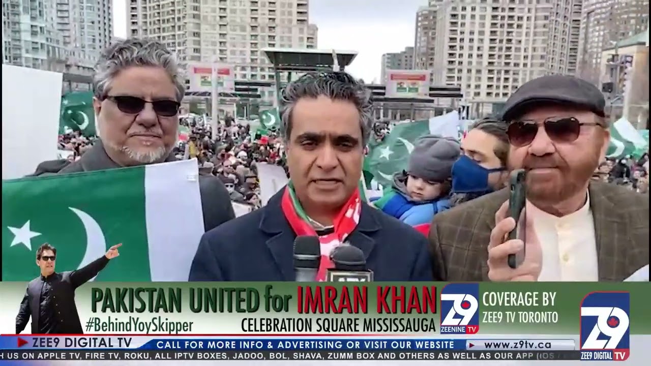 PTI supporters rally at Celebration Square Mississauga, Ontario, Canada.