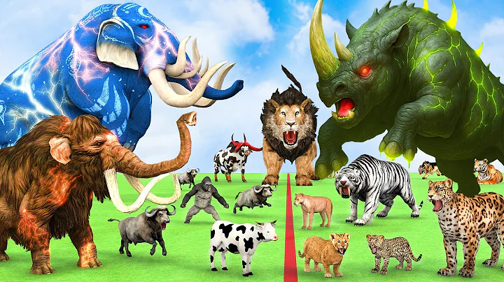 5 Giant Mammoth Elephant Cow Vs Giant Indian Rhino Vs 5 Giant Lion Tiger Cub Saved By Woolly Mammoth