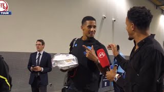 Cecil shares some banter with Saliba and Arsenal players