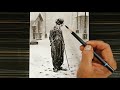 Beautiful pencil easy sketch of Chaplin with snowfall scenery.