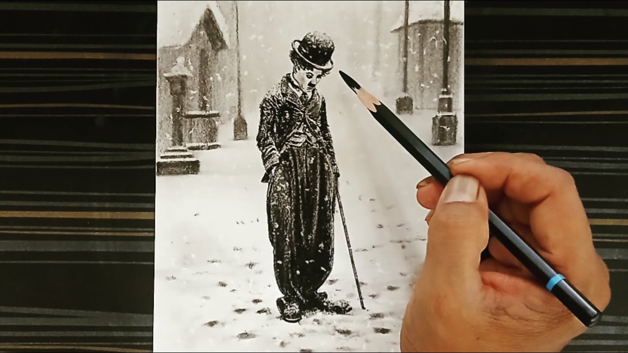 Beautiful pencil easy sketch of Chaplin with snowfall scenery.