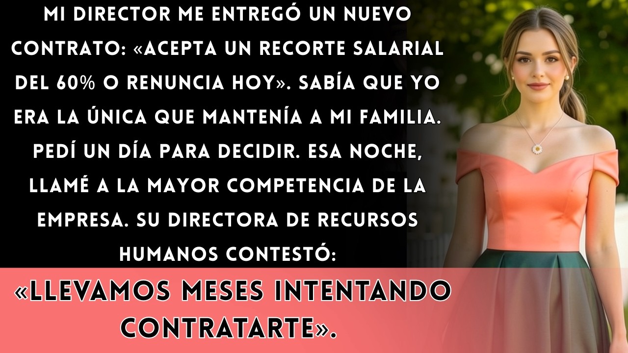 El señor Torne ni siquiera levantó la vista cuando entré. Solo empujó un papel sobre su escritorio de caoba. "Tu puesto va a ser reclasificado", dijo. Leí la cifra dos veces. Un recorte salarial...