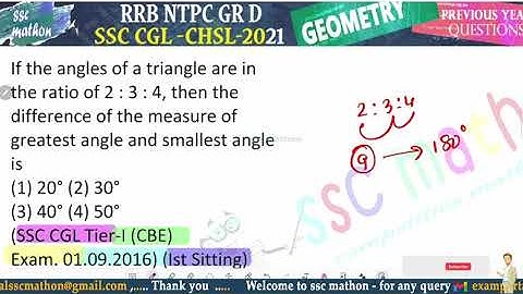 If the angles of a triangle are in the ratio of 2 : 3 : 4, then the difference of the measure of
