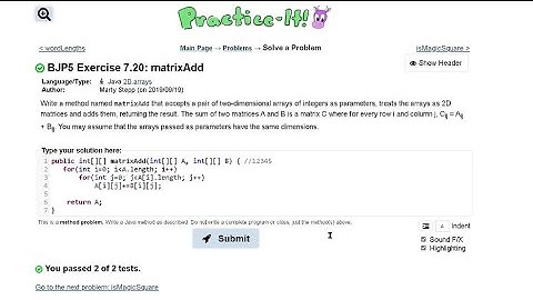 Java Practice It   |   Exercise 7.20: matrixAdd   |   arrays, condition, 2D array