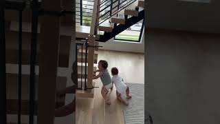 Twin babies can’t figure out how to get around baby gate.