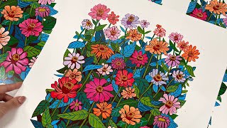 PRINTMAKING PROCESS Reduction linocut "Zinnias"