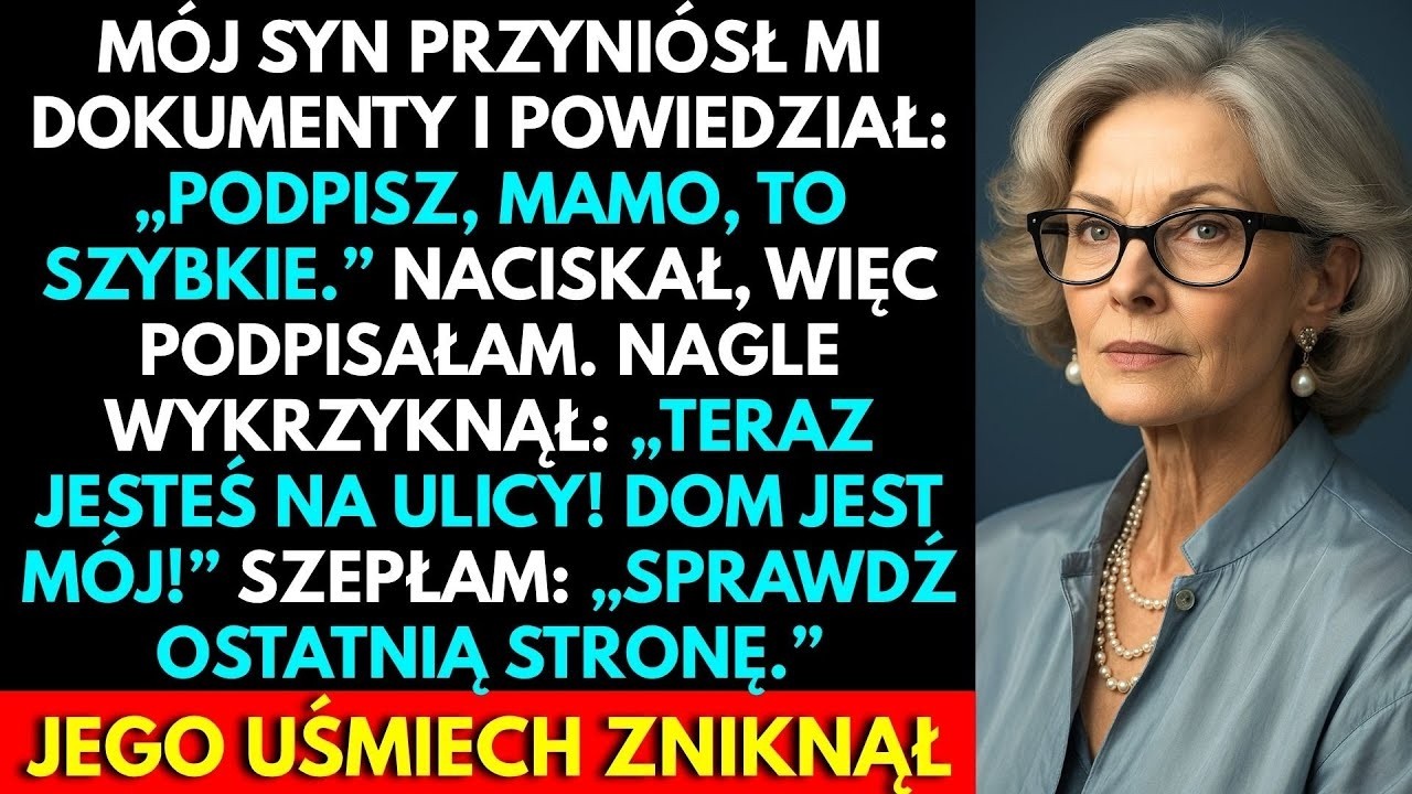 Stałam w swojej kuchni, popijając herbatę, gdy mój syn położył przede mną teczkę z dokumentami. „To tylko formalność, mamo. Podpisz tutaj i tutaj" – powiedział z uśmiechem, który znałam od...