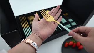 24PCS Black Handle Golden Cutlery Set | Stainless Steel Flatware for Elegant Dining
