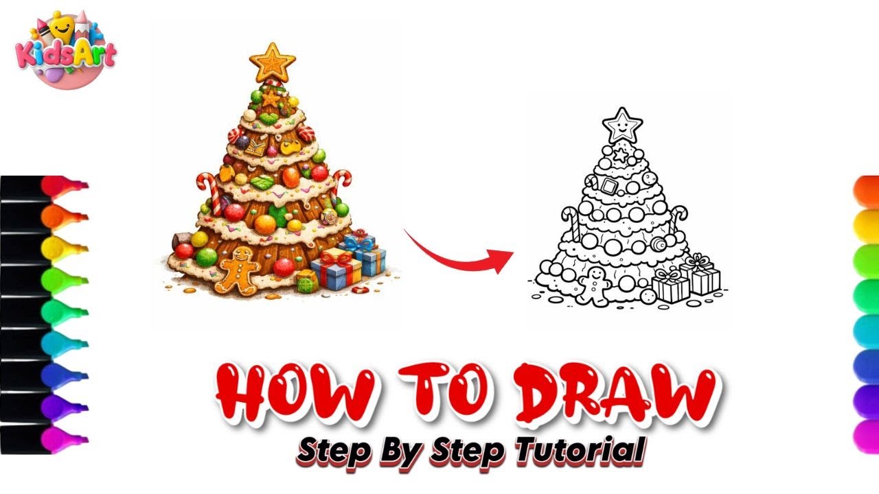 How to Draw a Festive Christmas Tree 🎄 | Easy Step Gingerbread Tree Drawing for Beginners