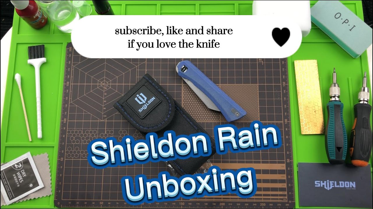 Shieldon Rain - Denim blue Micarta, front flipper, nested liner lock, Michael Pretsch (USA) designs.