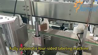 Automatic flat bottle labeling machine, labeller with four sided label applicator