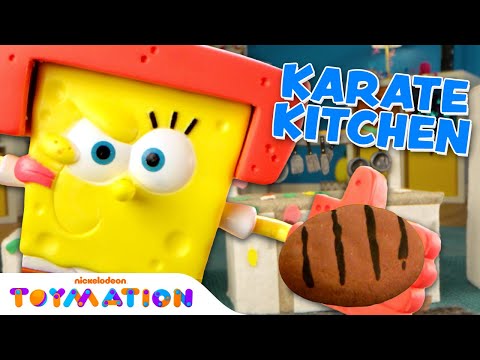 SpongeBob Chops Up Krabby Patties In Toy Kitchen Karate Kitchen Toymation 