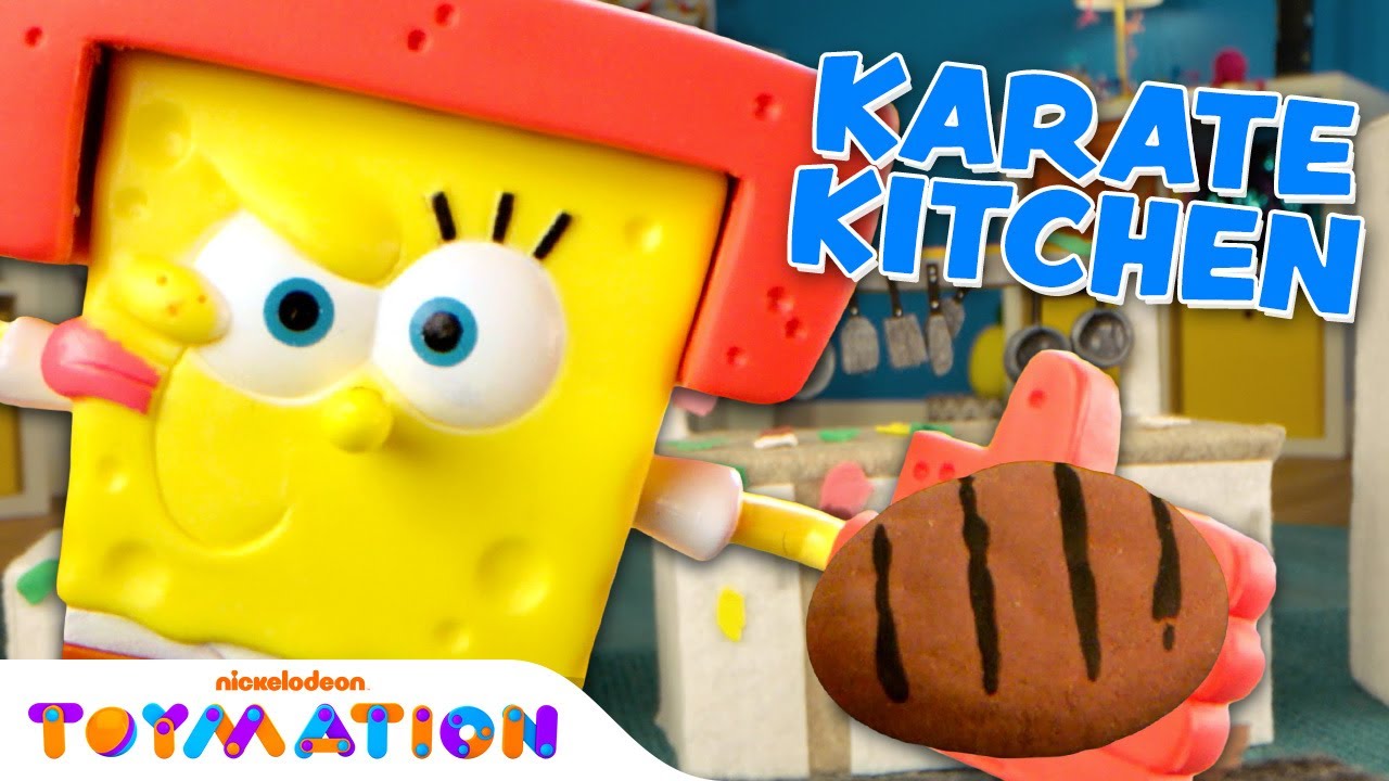 ⁣SpongeBob Chops Up Krabby Patties in Toy Kitchen! | Karate Kitchen | Toymation