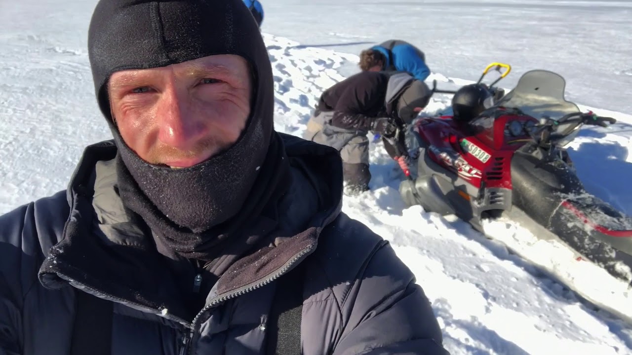 Snowmobile Stuck in deep slush Ice Fishing - Lake of the Woods