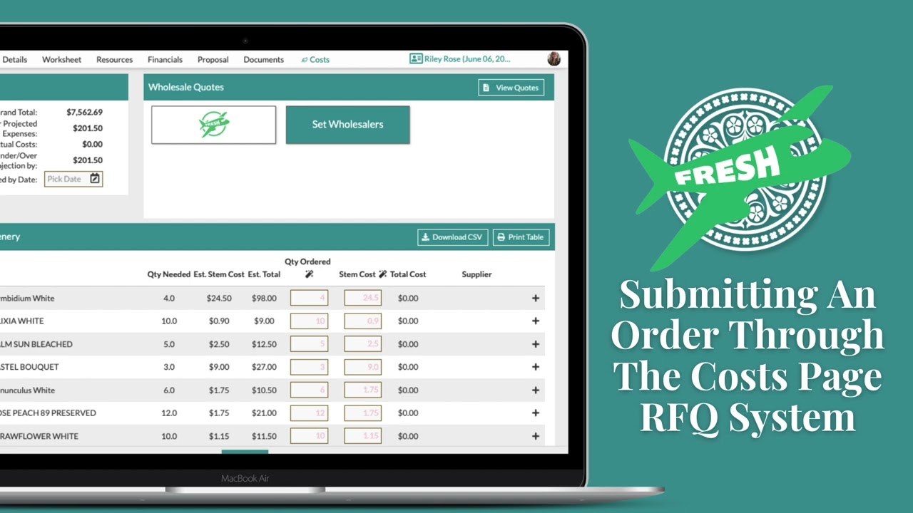 How to Submit an Order on the Costs Page RFQ System