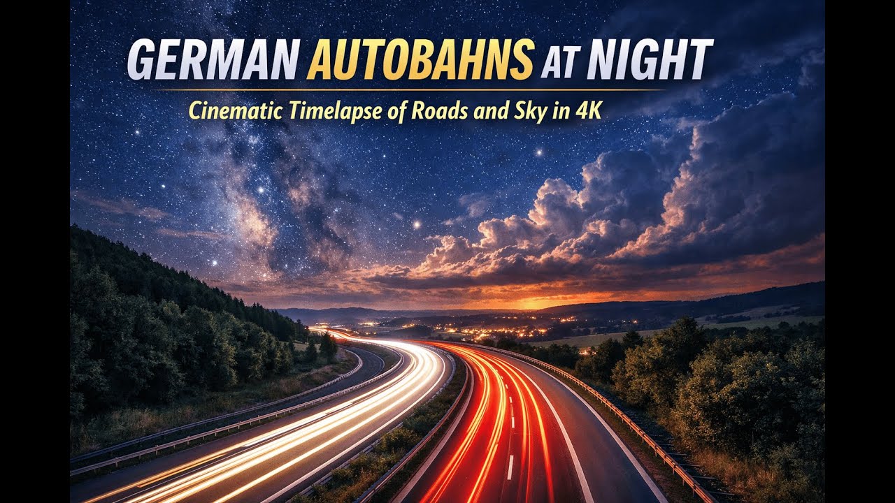 Timelapse of German Autobahns at Night: Roads, Nature and Dramatic Sky in 4K