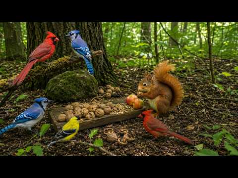 🔴 LIVE Bird Feeder in the Forest 🌿 Cardinals, Blue Jays & Squirrels | Nature Sounds, Cat TV, Sleep