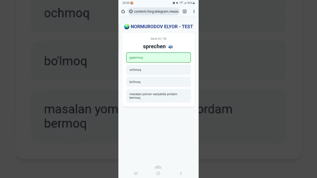 Nemis tili fe'llar 1-50 test 