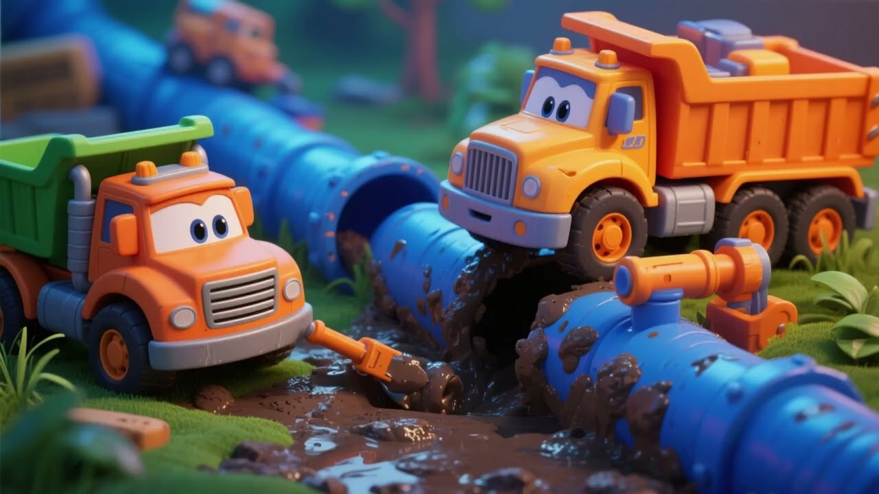 Игрушечные грузовики устраняют протечку в грязевой трубе 🚚🛠️💧 | Детские стишки и песенки