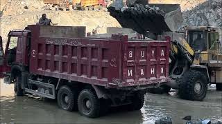 CAT 966D Loader Loading Massive Quarry Rocks into Dump Truck | Heavy Duty Machine Power